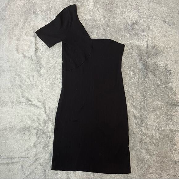 Zara Black Ribbed Bodycon One Shoulder Summer Mini Casual Dress Size Small - Picture 2 of 6